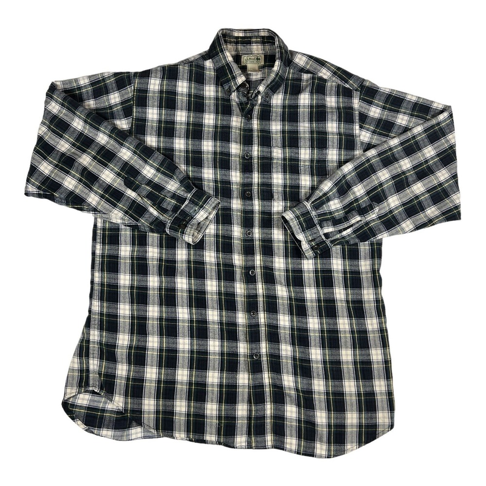 L.L.Bean‎ Mens L Tall Flannel Shirt Blue Green Plaid Cotton EUC